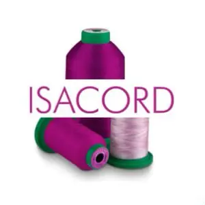 A group of thread and needles with the word isacord in front.