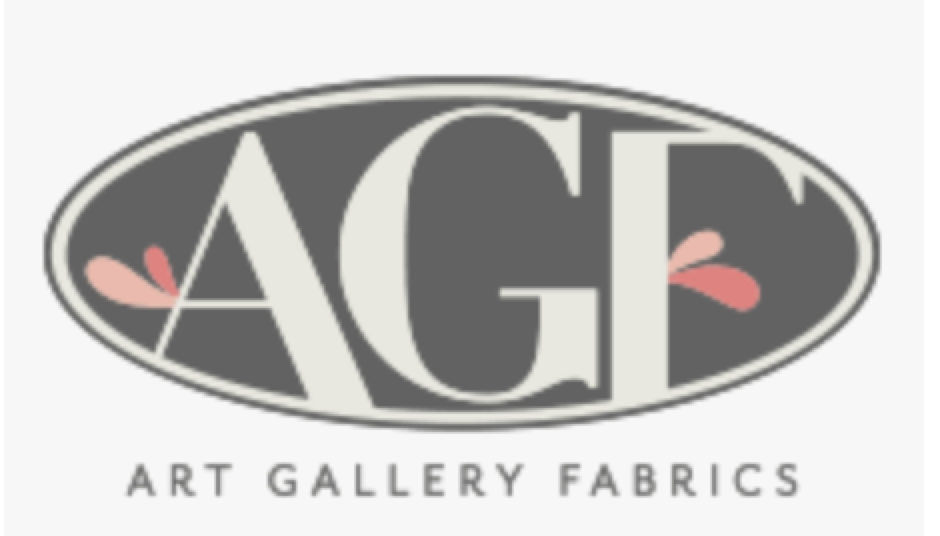 A gray and white logo for art gallery fabrics.