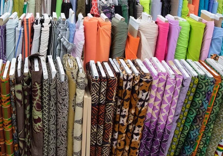 A display of fabrics in different colors and patterns.